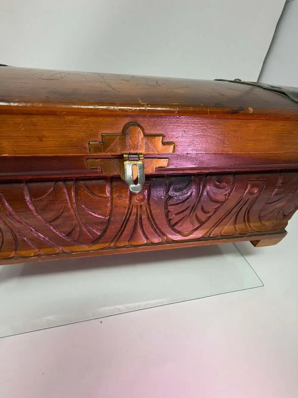 Vintage Hand Carved Wooden Jewelry Box With Metal Straps And Latch